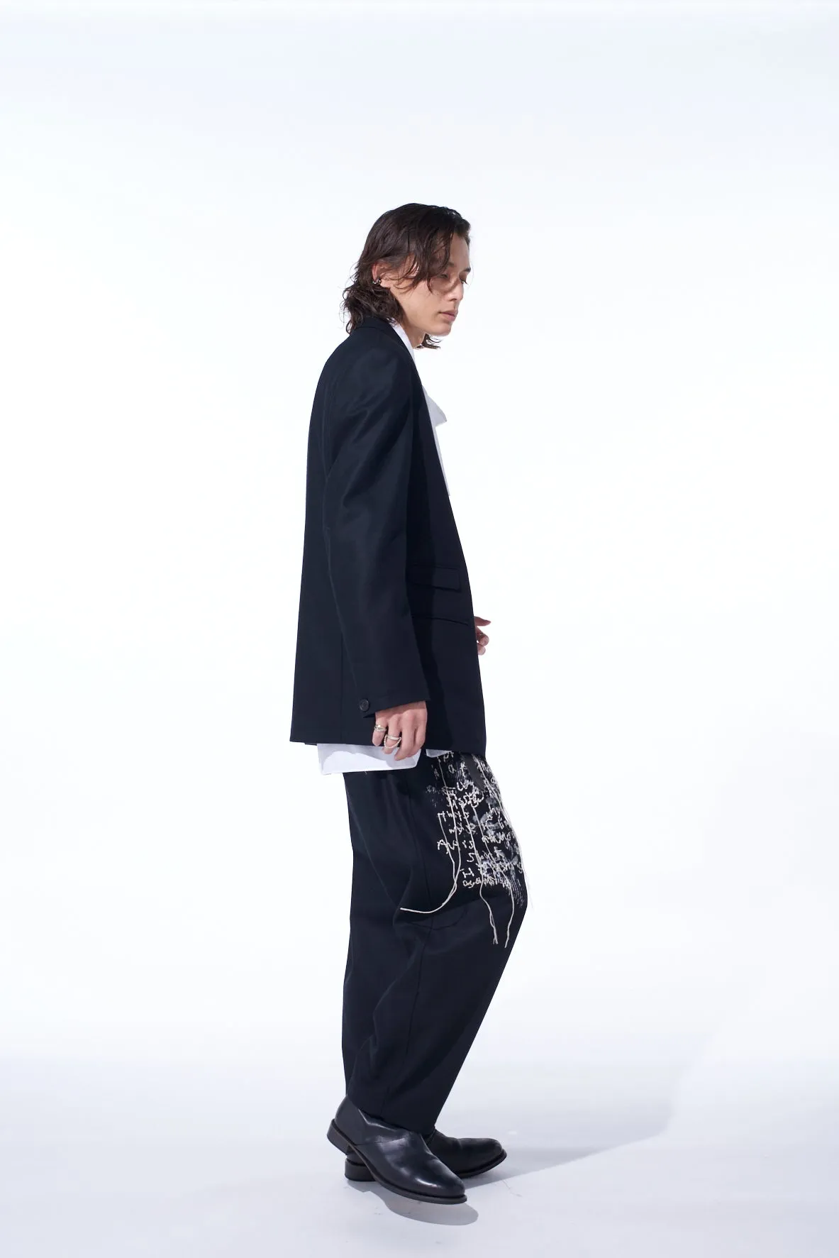 LAMB WOOL PRINTED MESSEGE EMBROIDERY 2 TUCK SUSPENDER PANTS sold by Yohji Yamamoto product image thumbnail 5