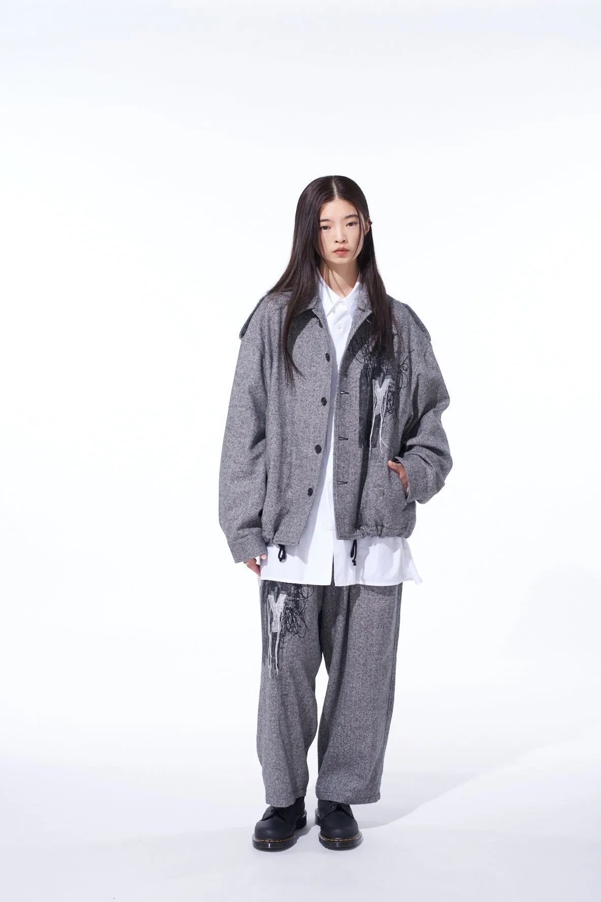 HERRINGBONE TWEED EPAULETTE OVERSIZED BLOUSON sold by Yohji Yamamoto product image thumbnail 2