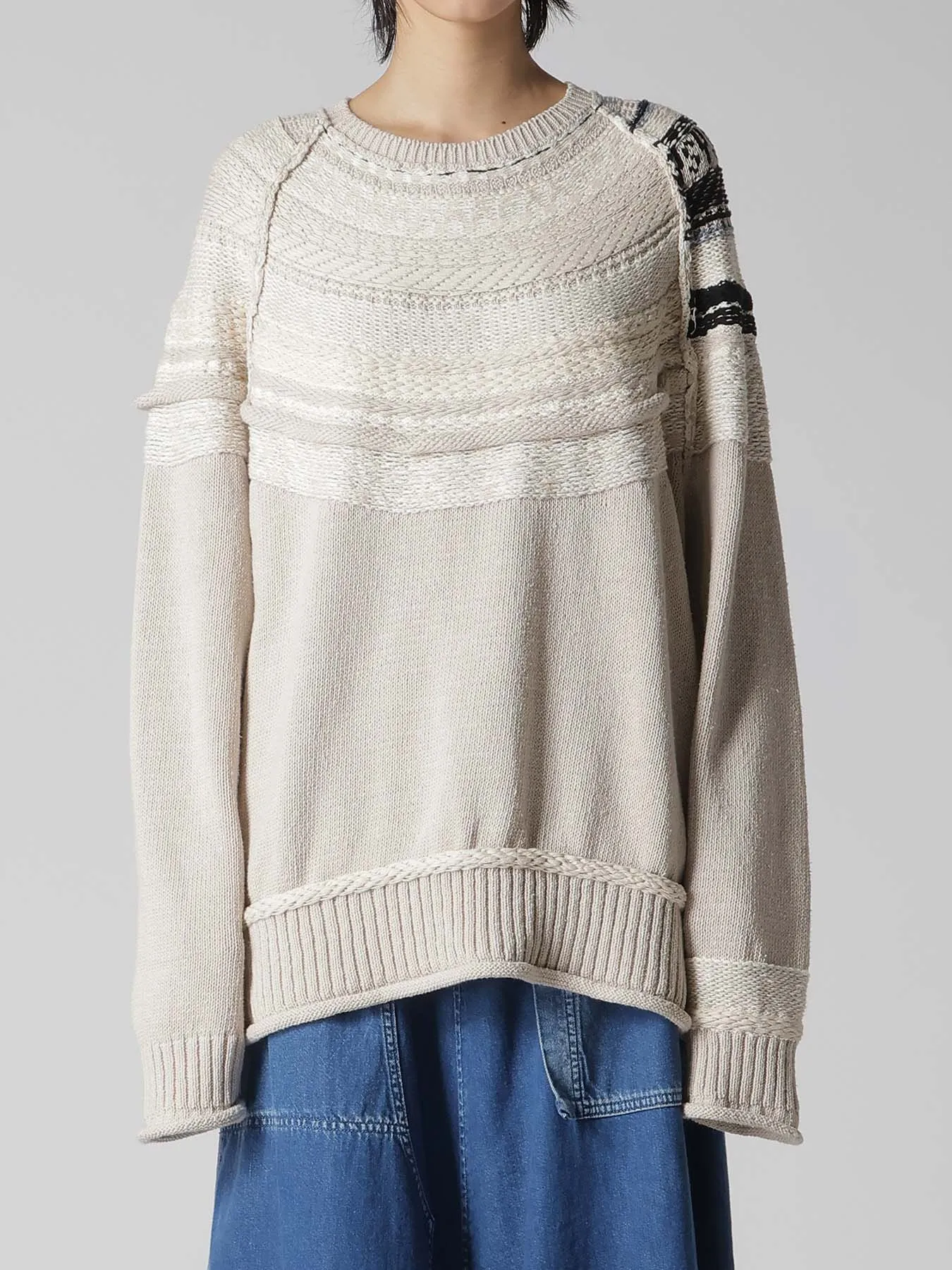 MIXED MATERIAL FAIR ISLE ROUND NECK PULLOVER sold by Yohji Yamamoto product image thumbnail 4
