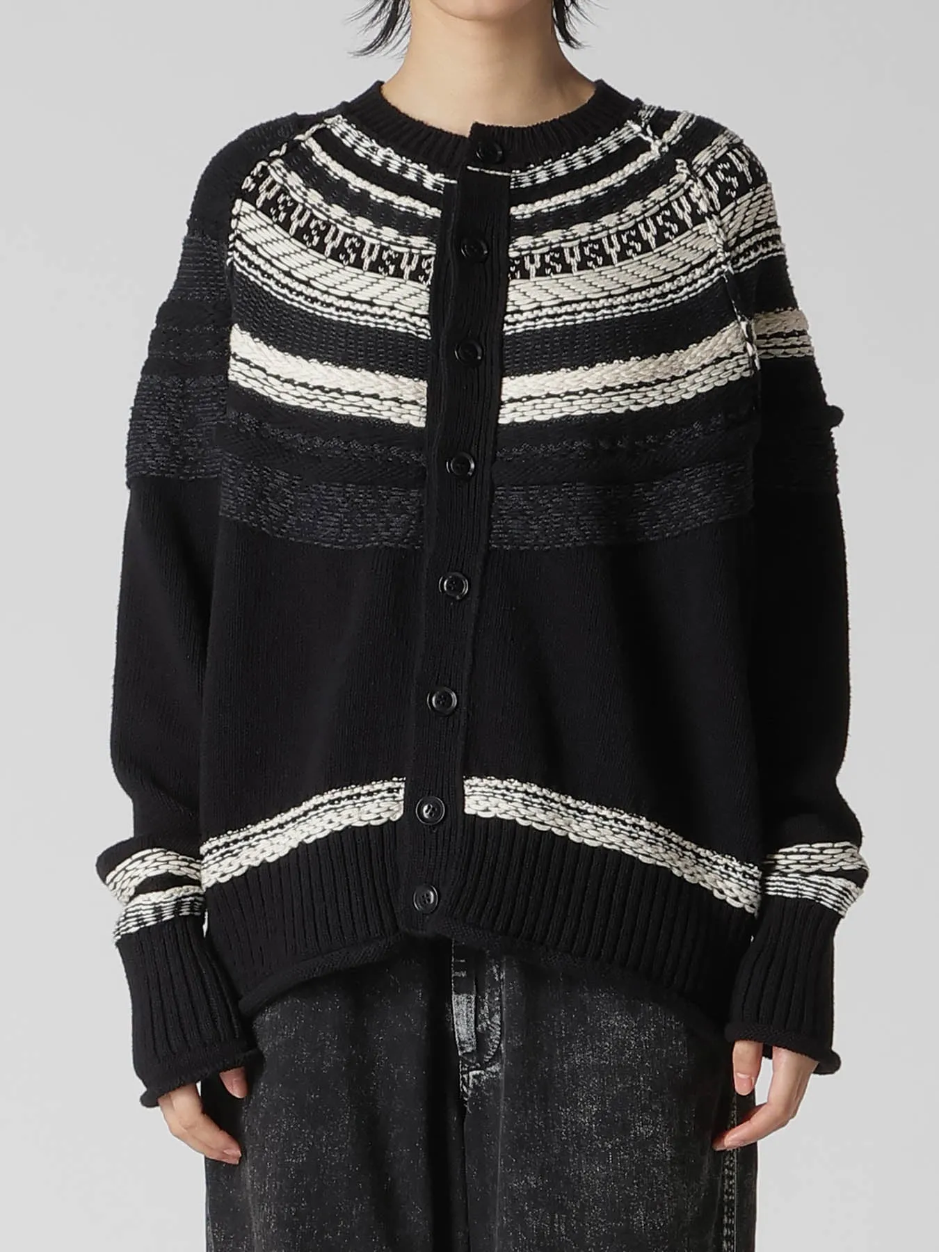 MIXED MATERIAL FAIR ISLE ROUND NECK CARDIGAN sold by Yohji Yamamoto product image thumbnail 4
