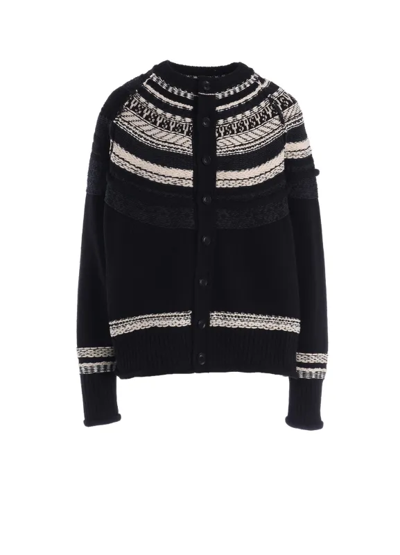 MIXED MATERIAL FAIR ISLE ROUND NECK CARDIGAN made by Yohji Yamamoto