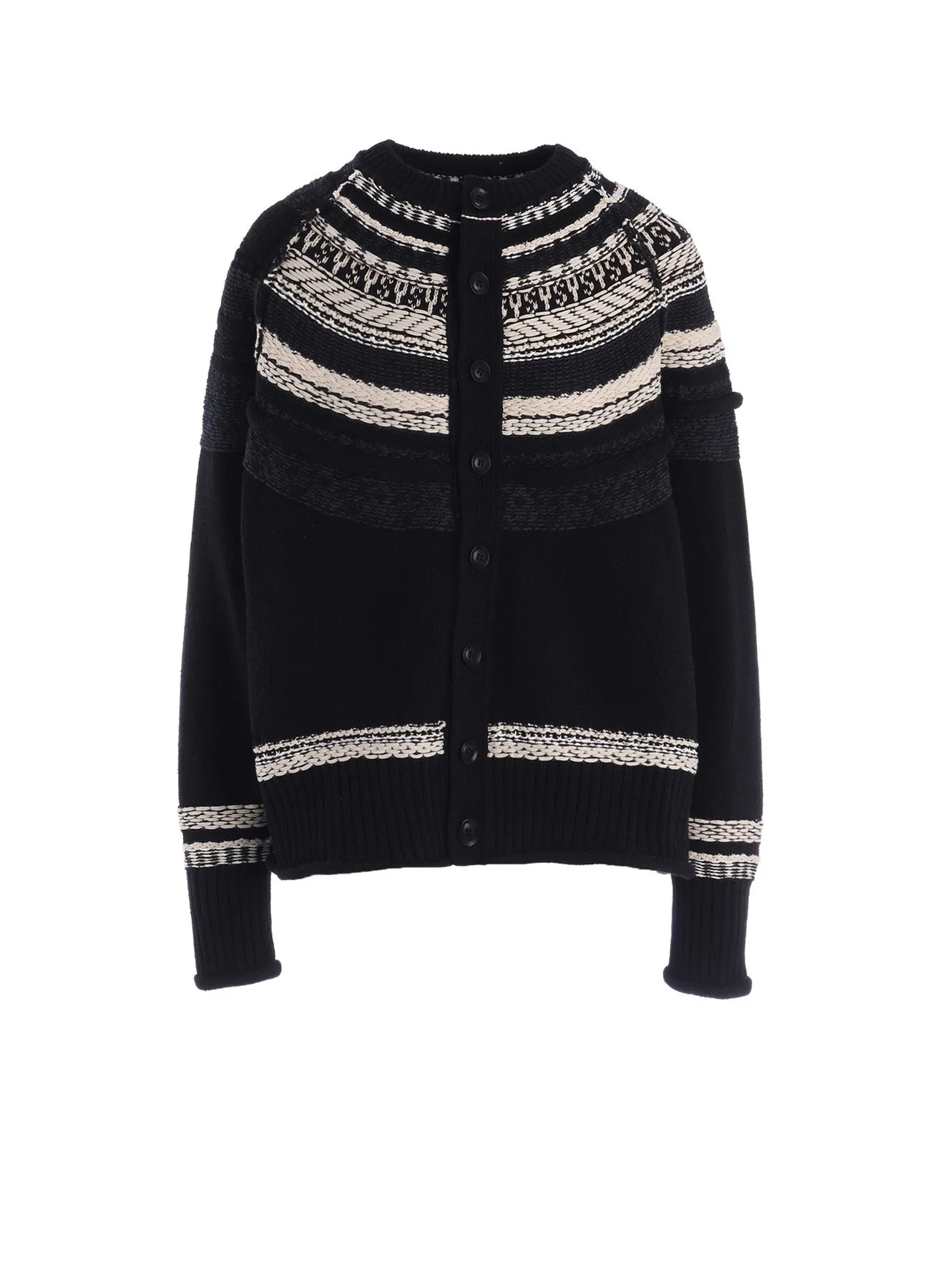 MIXED MATERIAL FAIR ISLE ROUND NECK CARDIGAN sold by Yohji Yamamoto
