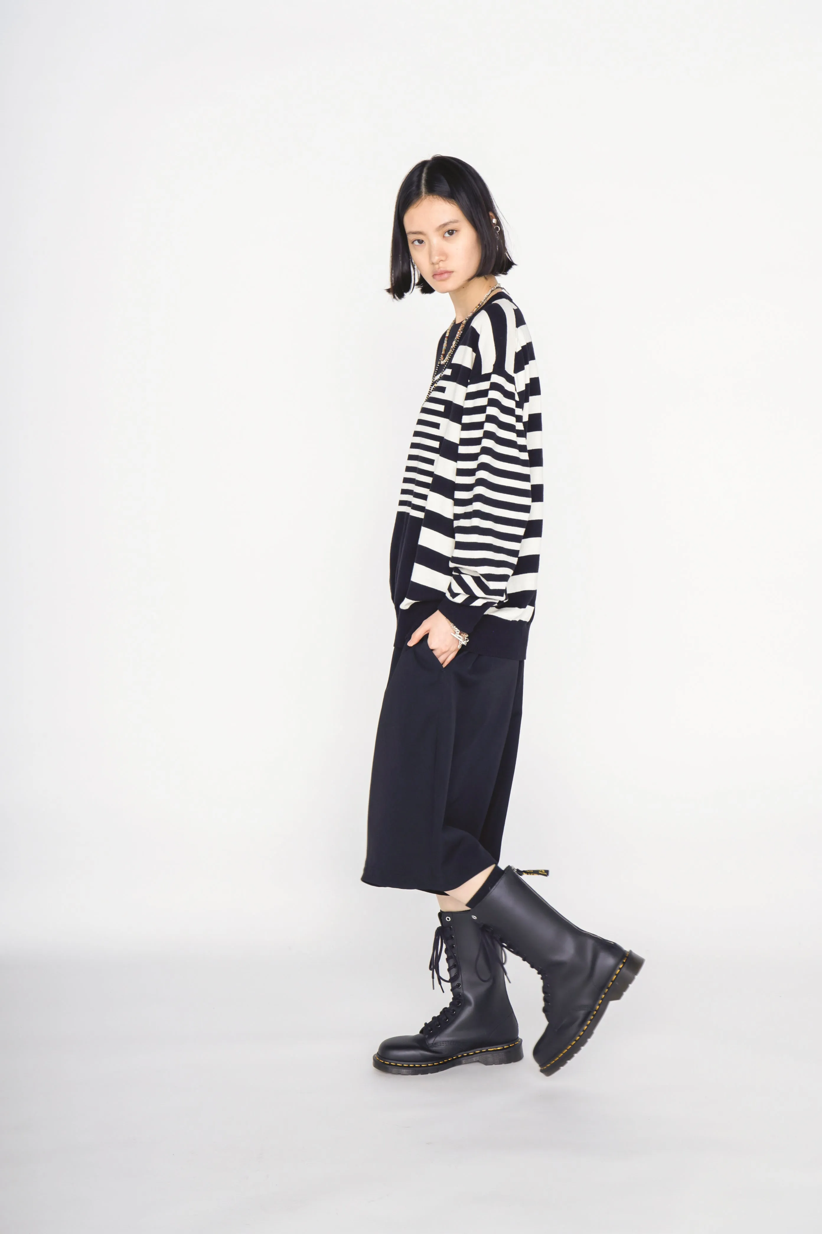 COTTON HIGH-TWIST INTARSIA BORDER PULLOVER sold by Yohji Yamamoto product image thumbnail 3