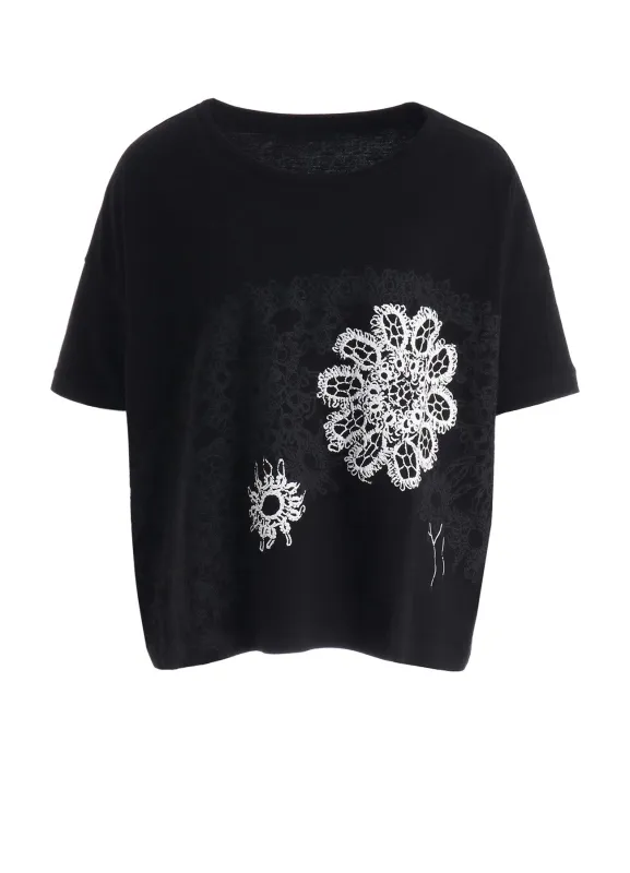 COTTON JERSEY LACE PRINT SHORT SLEEVE CROPED TEE made by Yohji Yamamoto