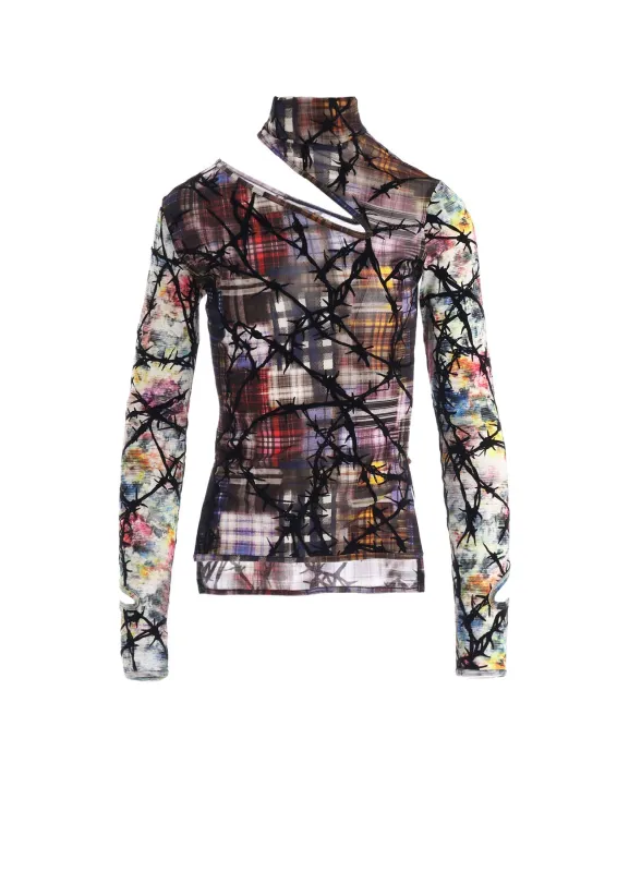 CHECK + FLORAL COMBINATION SLIT HIGH NECK T-SHIRT made by Yohji Yamamoto