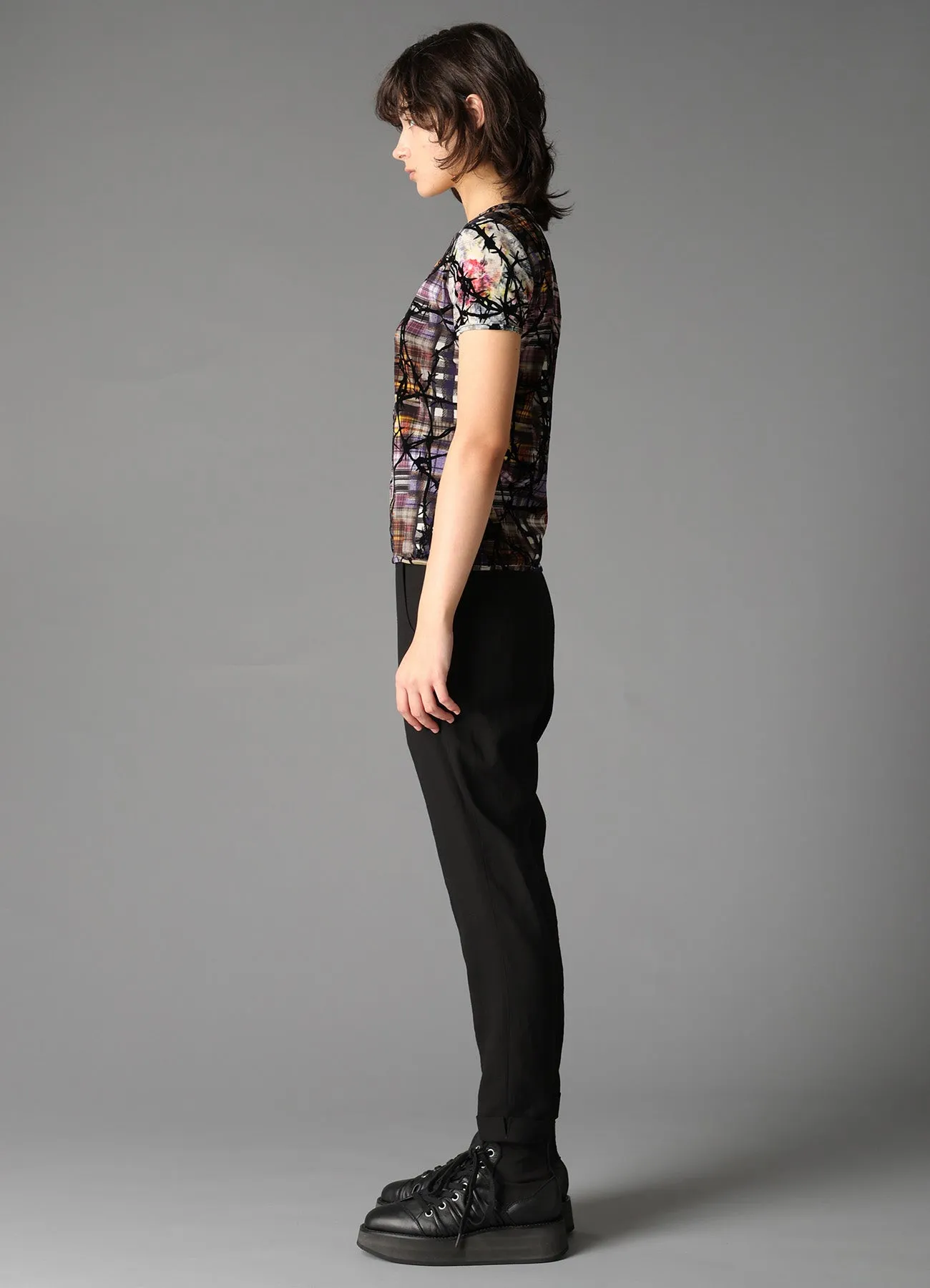 CHECK + FLORAL COMBINATION TIGHT SHORT SLEEVE T-SHIRT sold by Yohji Yamamoto product image thumbnail 3