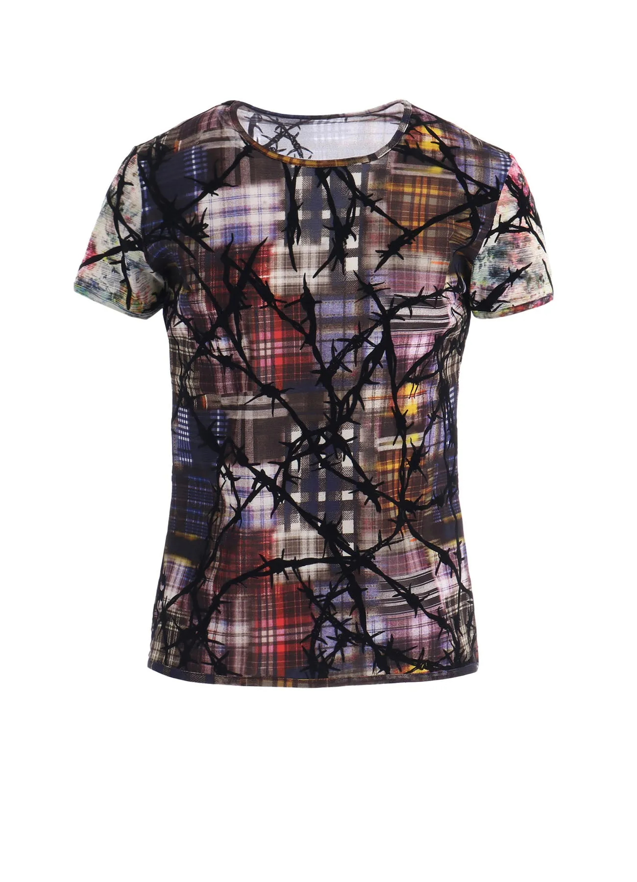 CHECK + FLORAL COMBINATION TIGHT SHORT SLEEVE T-SHIRT sold by Yohji Yamamoto