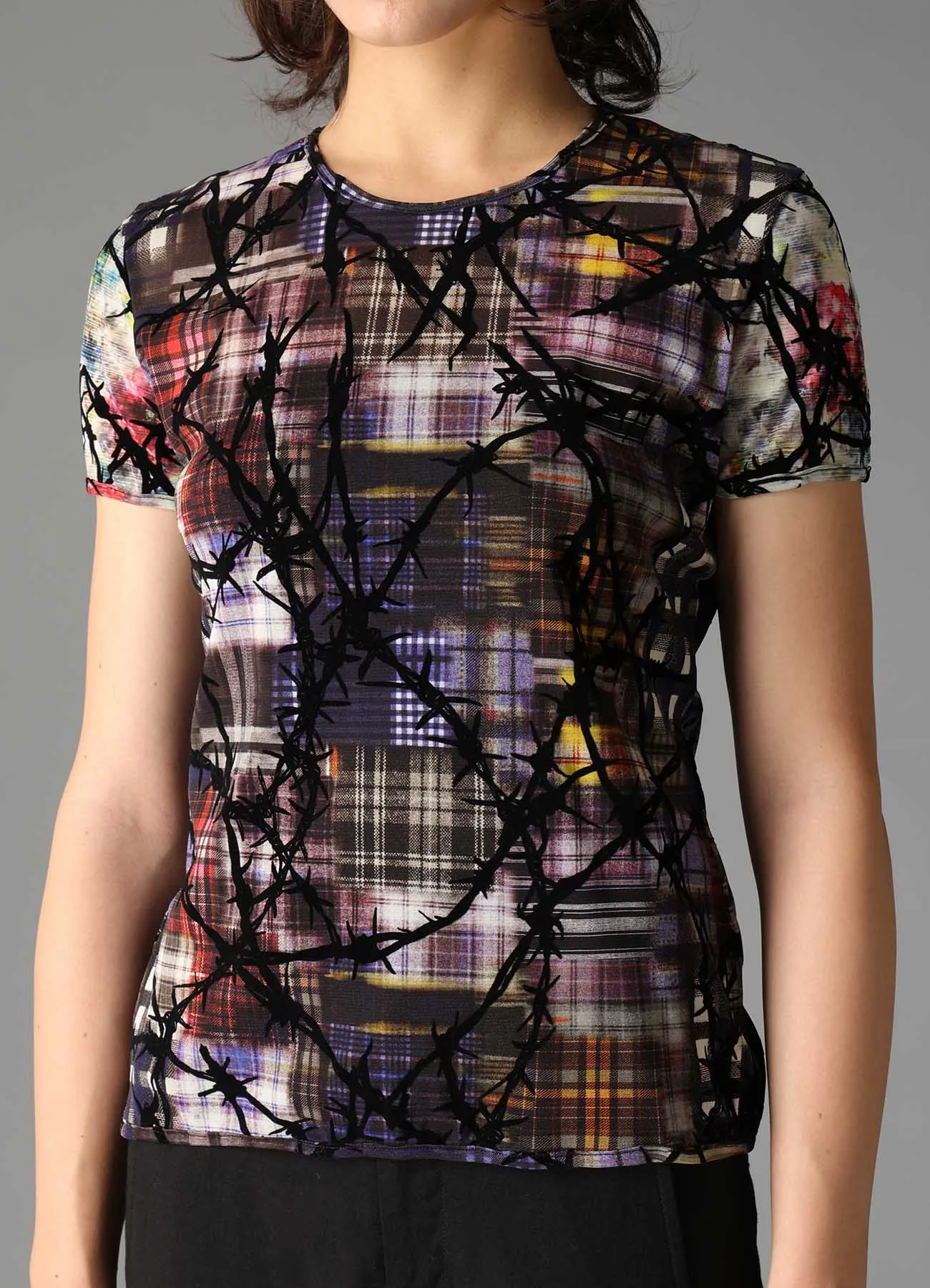 CHECK + FLORAL COMBINATION TIGHT SHORT SLEEVE T-SHIRT sold by Yohji Yamamoto product image thumbnail 5