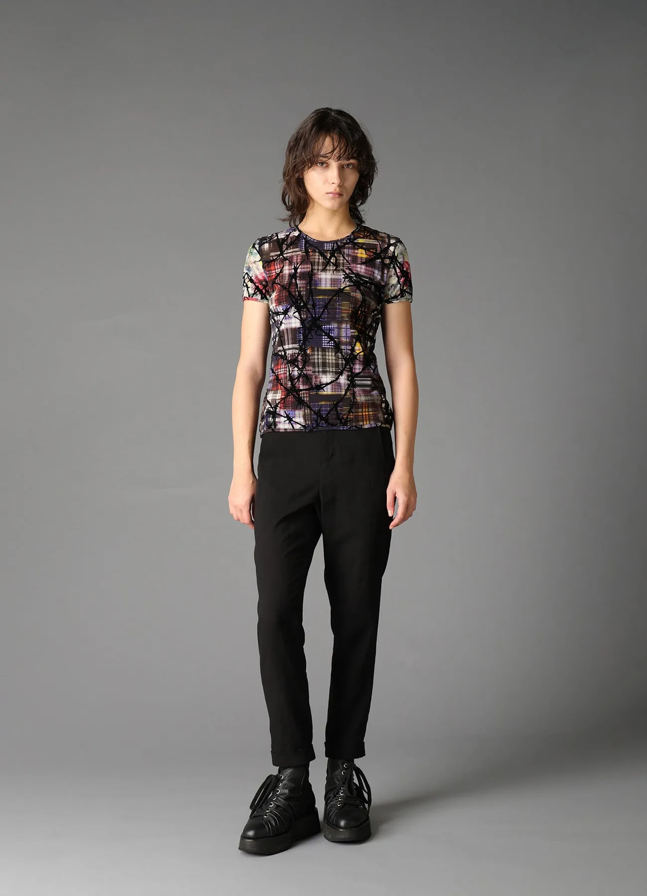 CHECK + FLORAL COMBINATION TIGHT SHORT SLEEVE T-SHIRT sold by Yohji Yamamoto product image thumbnail 2