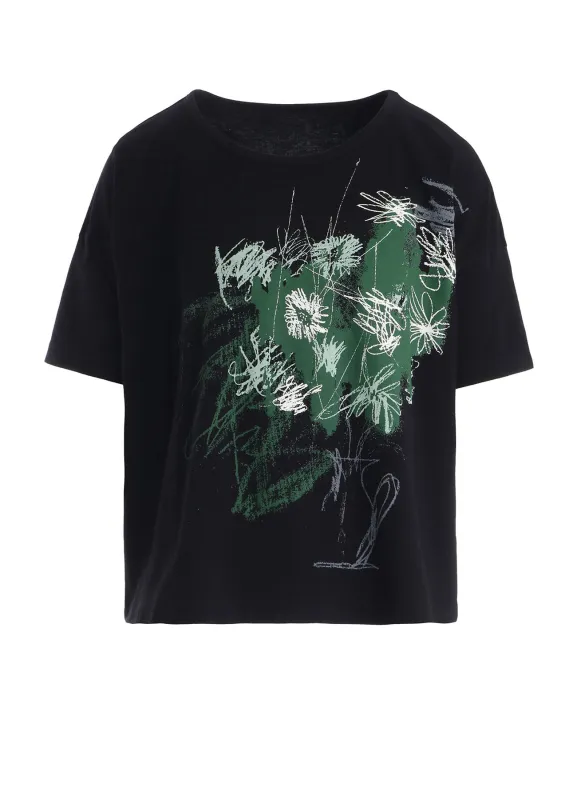 COTTON JERSEY FLOWER PRINT ROUND NECK LOOSE TEE made by Yohji Yamamoto