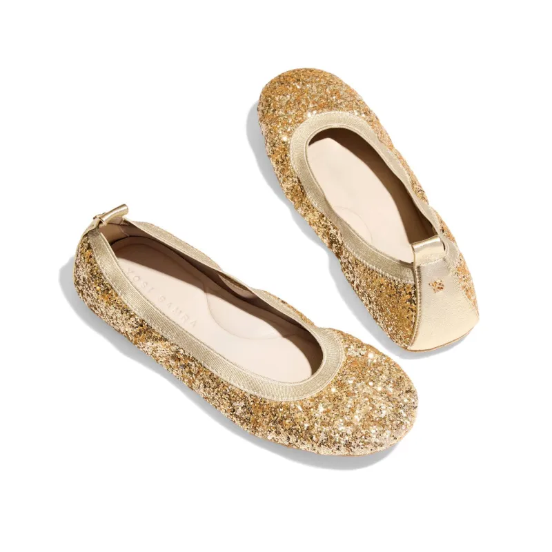 Samara Foldable Ballet Flat in Gold Glitter sold by Yosi Samra