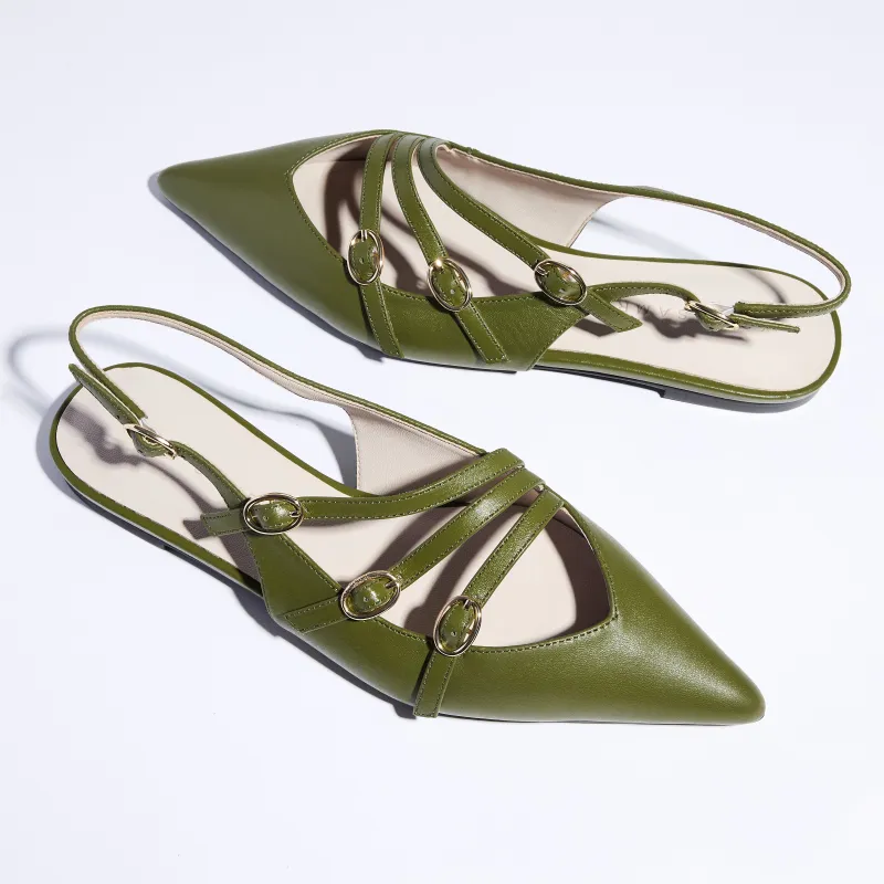 Ava Slingback Flat in Olive Leather sold by Yosi Samra