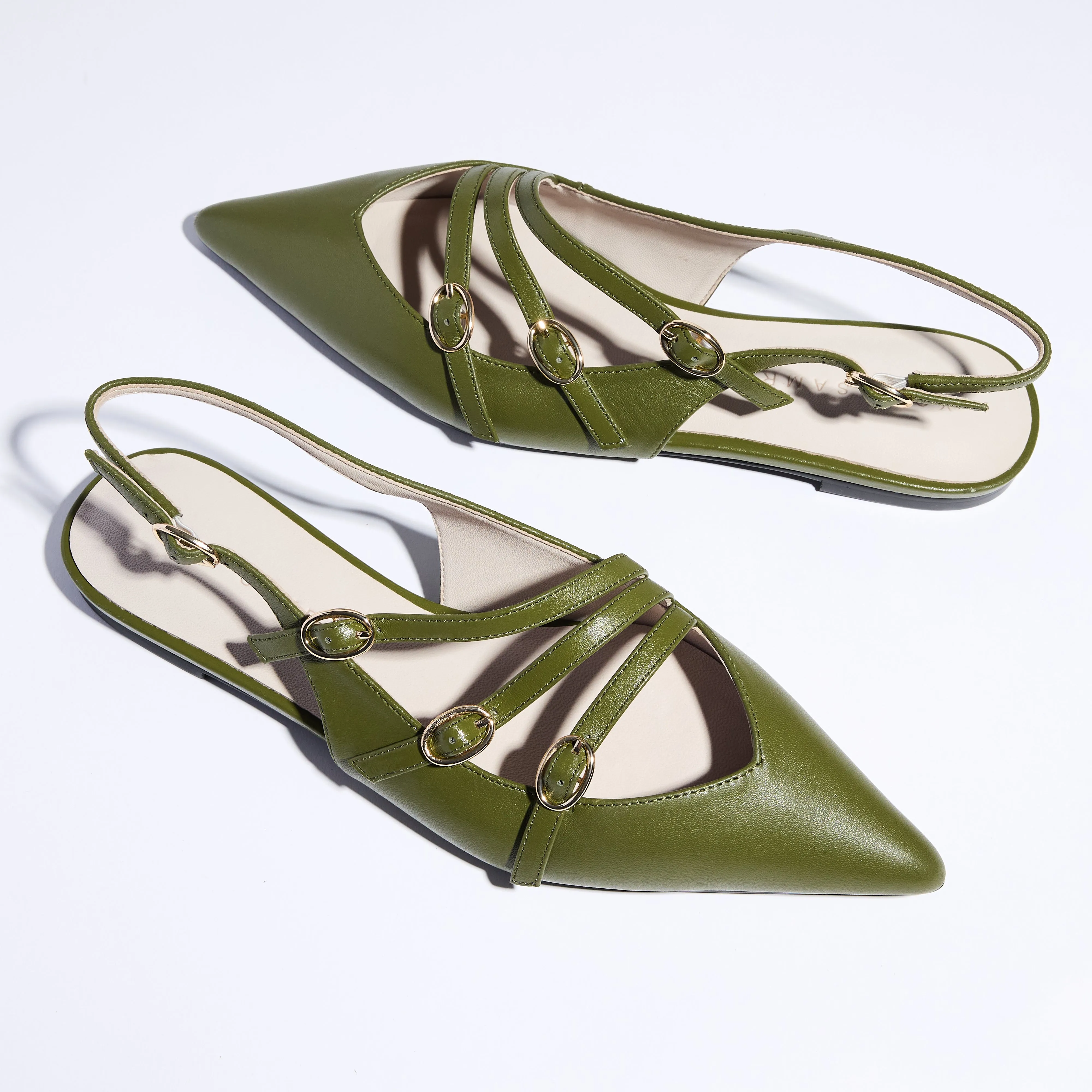 Ava Slingback Flat in Olive Leather sold by Yosi Samra