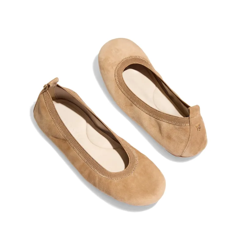 Samara Foldable Ballet Flat in Sand Suede sold by Yosi Samra