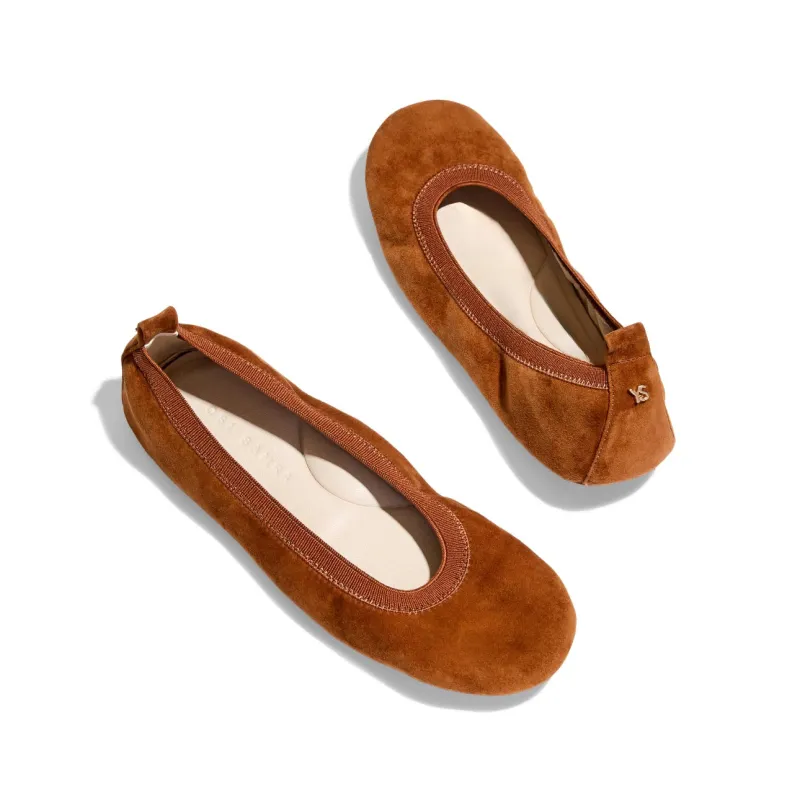 Samara Foldable Ballet Flat in Whiskey Suede sold by Yosi Samra