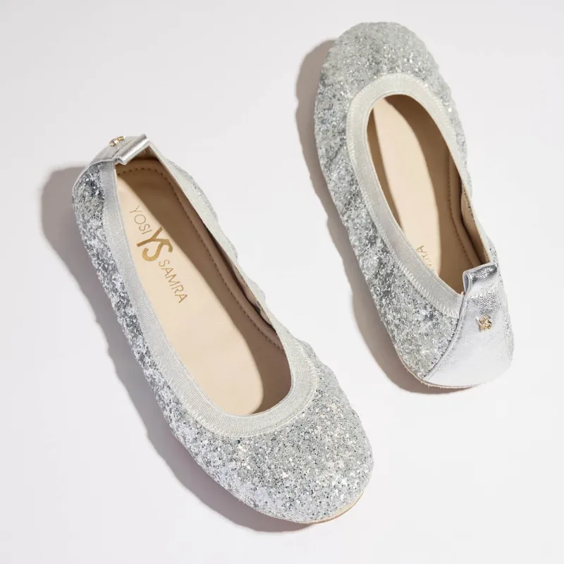 Samara Foldable Ballet Flat in Platinum Glitter sold by Yosi Samra