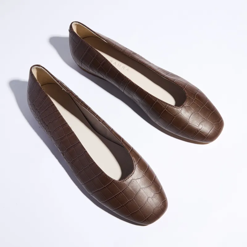 Emerson Ballet Flat in Chocolate Leather Croc made by Yosi Samra
