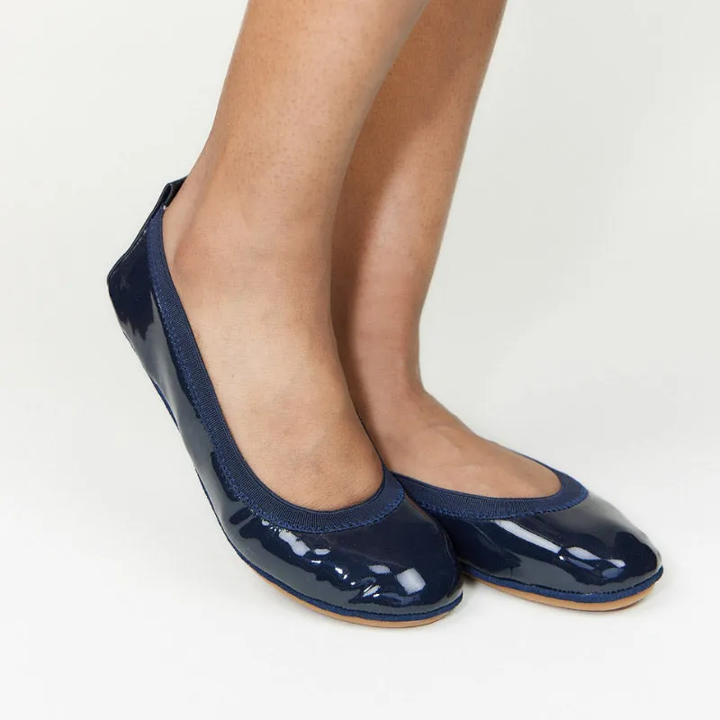 Samara Foldable Ballet Flat in Deep Navy Patent sold by Yosi Samra