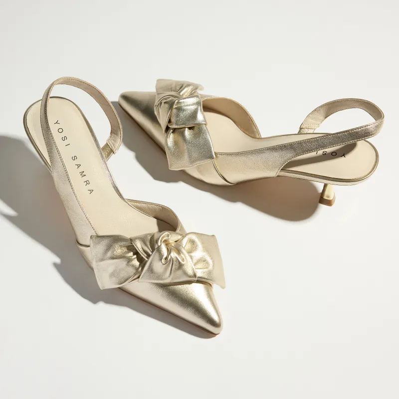 Kaleigh Bow Heel in Gold Leather sold by Yosi Samra