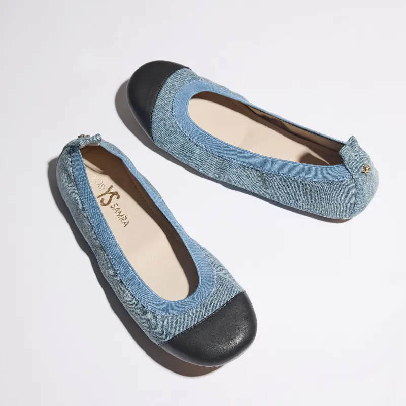 Samantha Foldable Ballet Flat in Denim/Black Leather sold by Yosi Samra