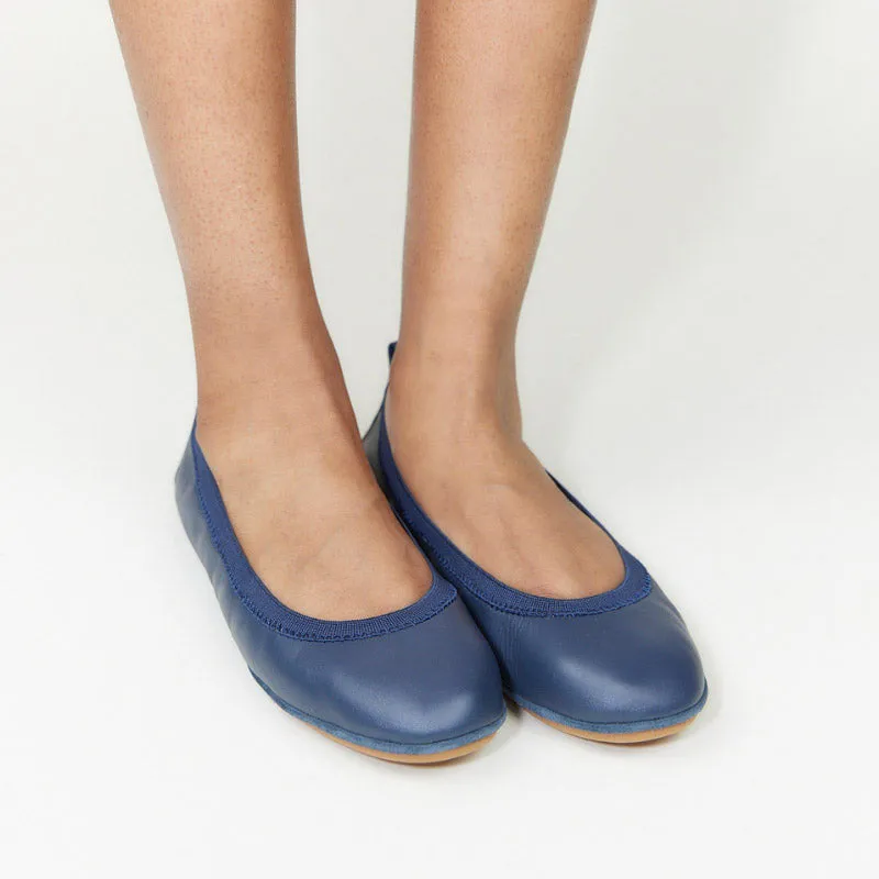 Samara Foldable Ballet Flat in Deep Navy Leather sold by Yosi Samra