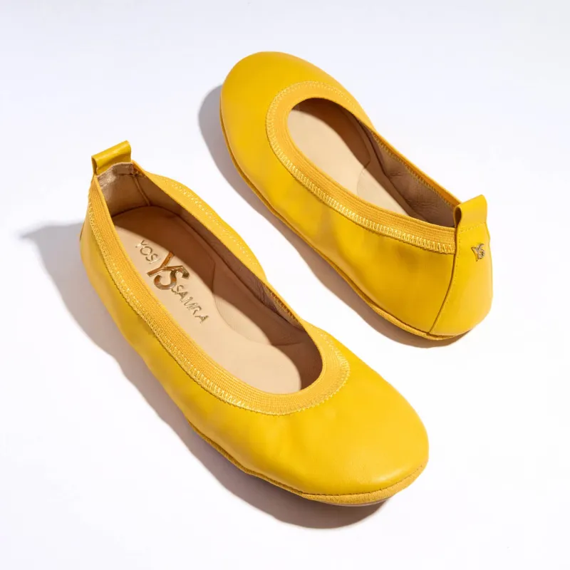 Samara Foldable Ballet Flat in Mustard Yellow Leather sold by Yosi Samra
