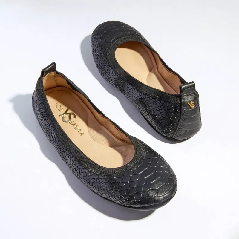 Samara Foldable Ballet Flat in Black Python sold by Yosi Samra