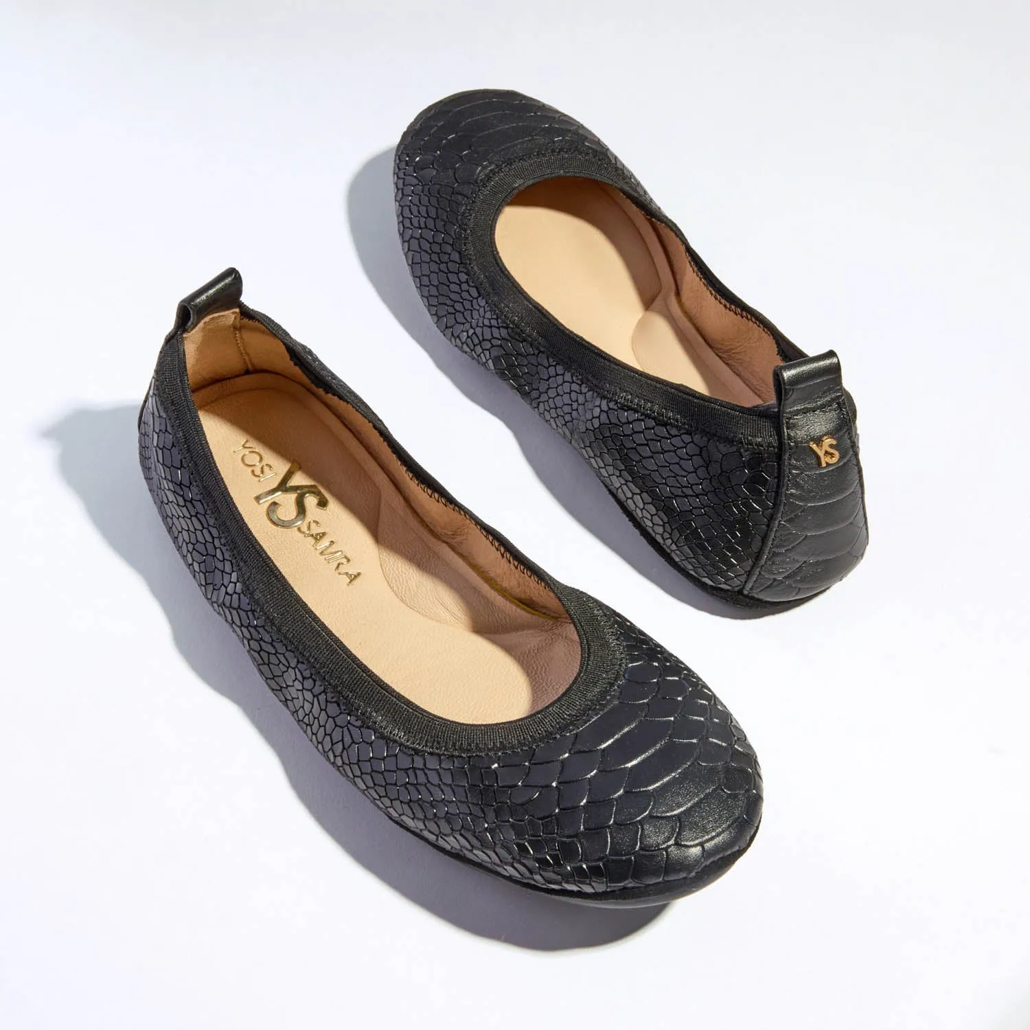 Samara Foldable Ballet Flat in Black Python sold by Yosi Samra