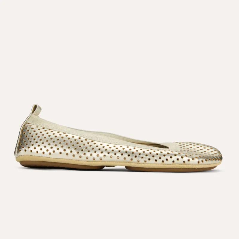 Samara Foldable Ballet Flat in Gold Perforated Leather sold by Yosi Samra