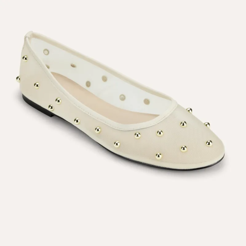 Sadie Stud in Cream Mesh Ballet Flat for Women made by Yosi Samra