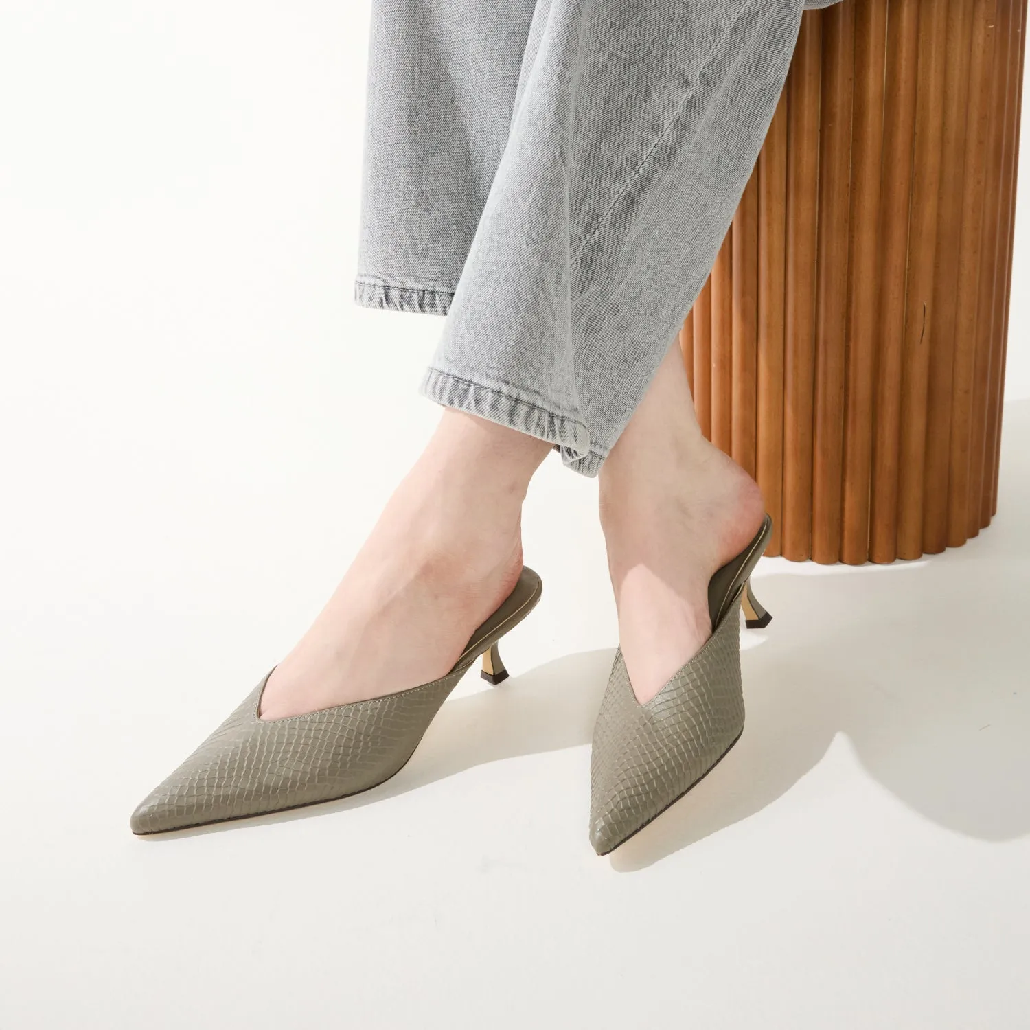 Remi in Taupe Leather Croc Mule Low Heel for Women sold by Yosi Samra product image thumbnail 5