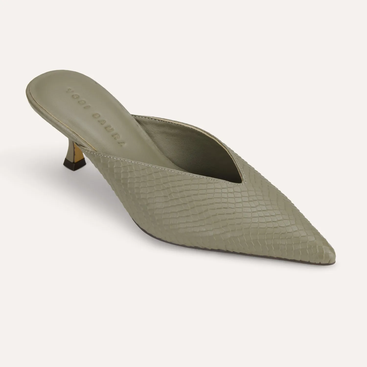 Remi in Taupe Leather Croc Mule Low Heel for Women sold by Yosi Samra