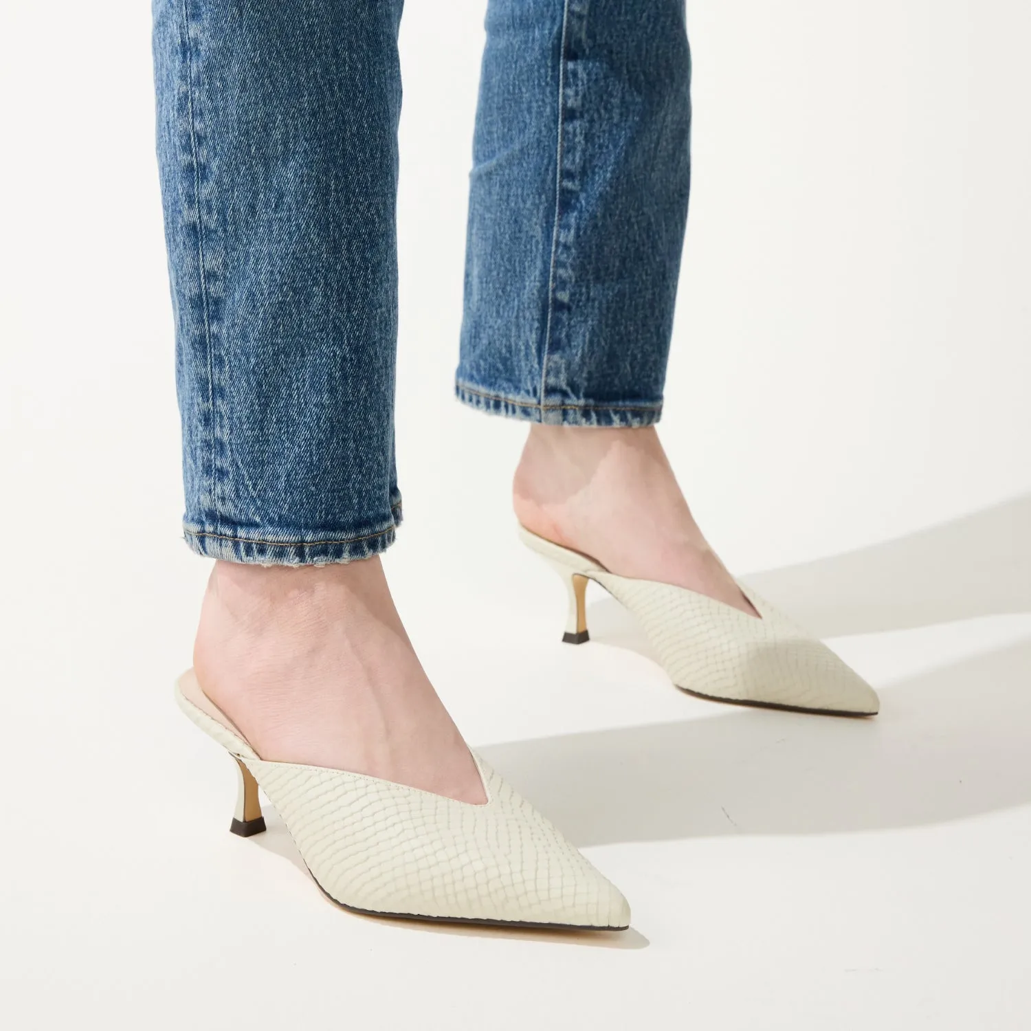 Remi in Cream Leather Croc Mule Low Heel for Women sold by Yosi Samra product image thumbnail 5