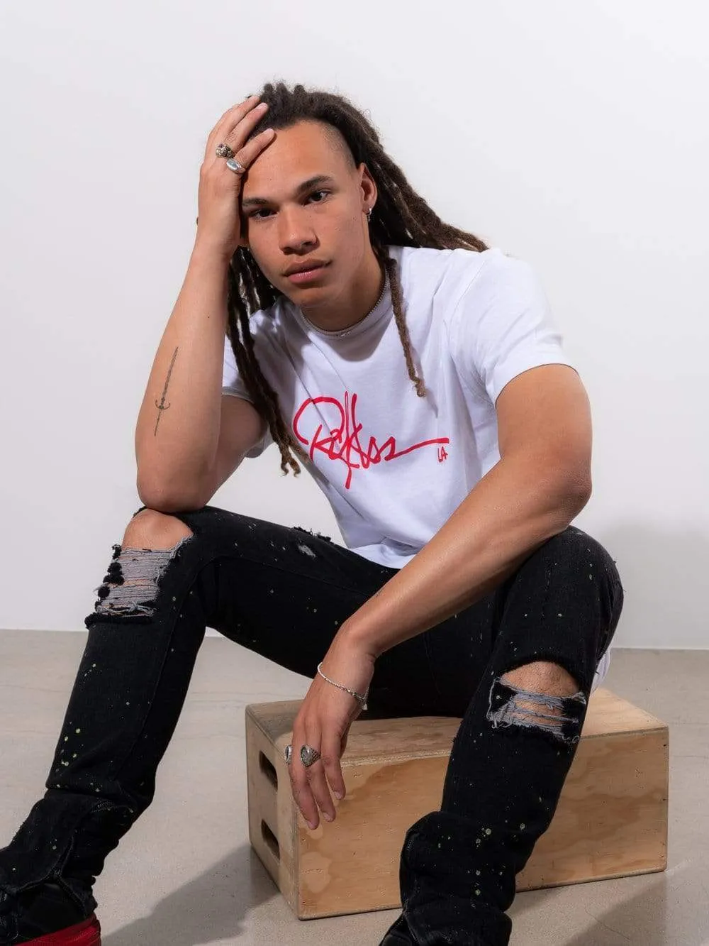 Signature Tee- White/Red sold by Young & Reckless