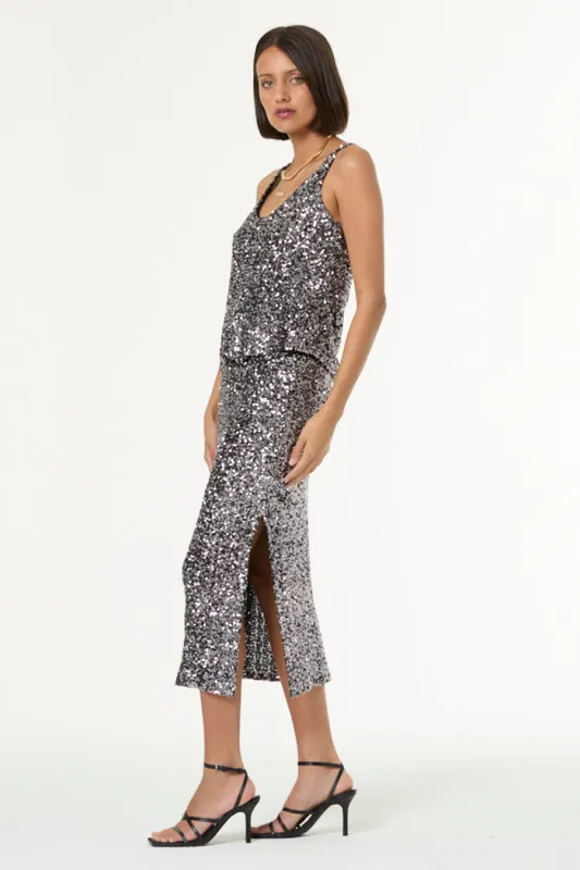 Tyla Midi Skirt // Silver 2-Tone Sequins sold by Young Fabulous & Broke