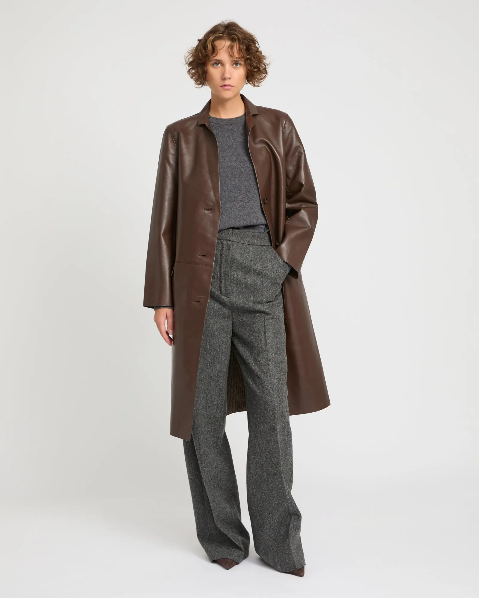 Manteau droit en cuir d'agneau doublé tissu motif pied-de-poule sold by Yves Salomon product image thumbnail 3