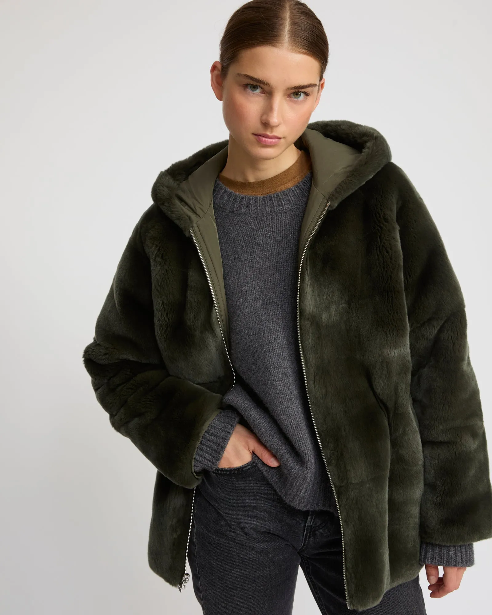 Parka à capuche réversible en tissu technique et lapin rex sold by Yves Salomon product image thumbnail 2