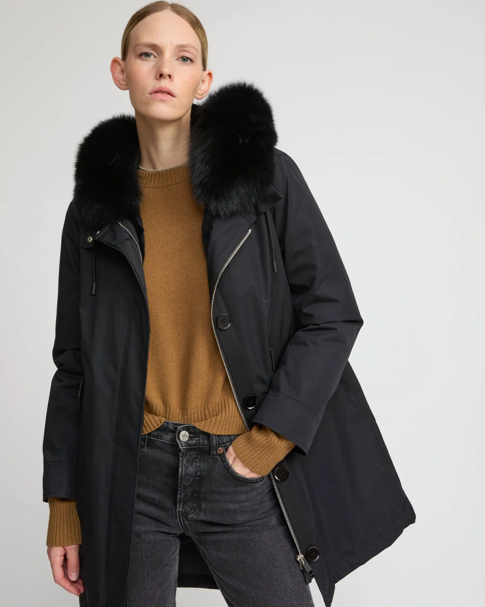 Parka iconique longue en coton mélangé imperméable avec fourrure de renard et lapin sold by Yves Salomon