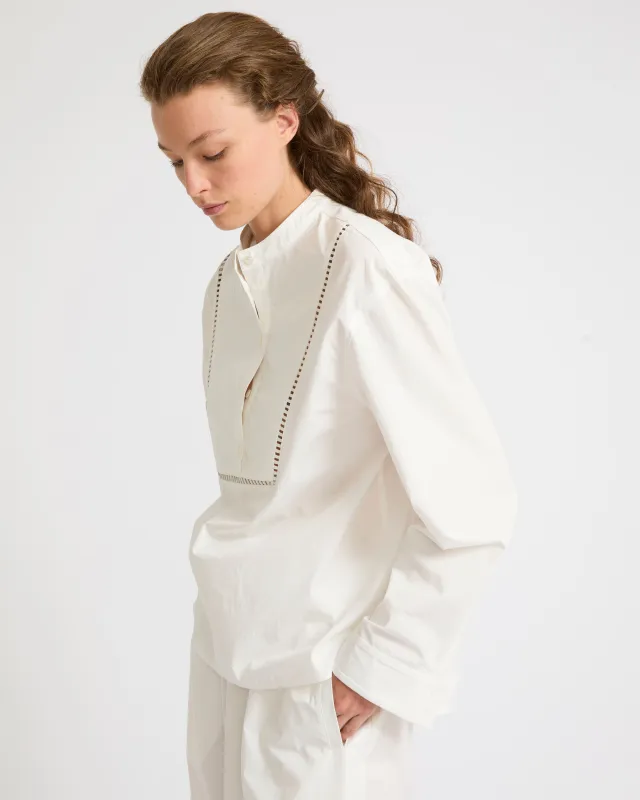 Blouse en popeline de coton avec inserts de cuir sold by Yves Salomon