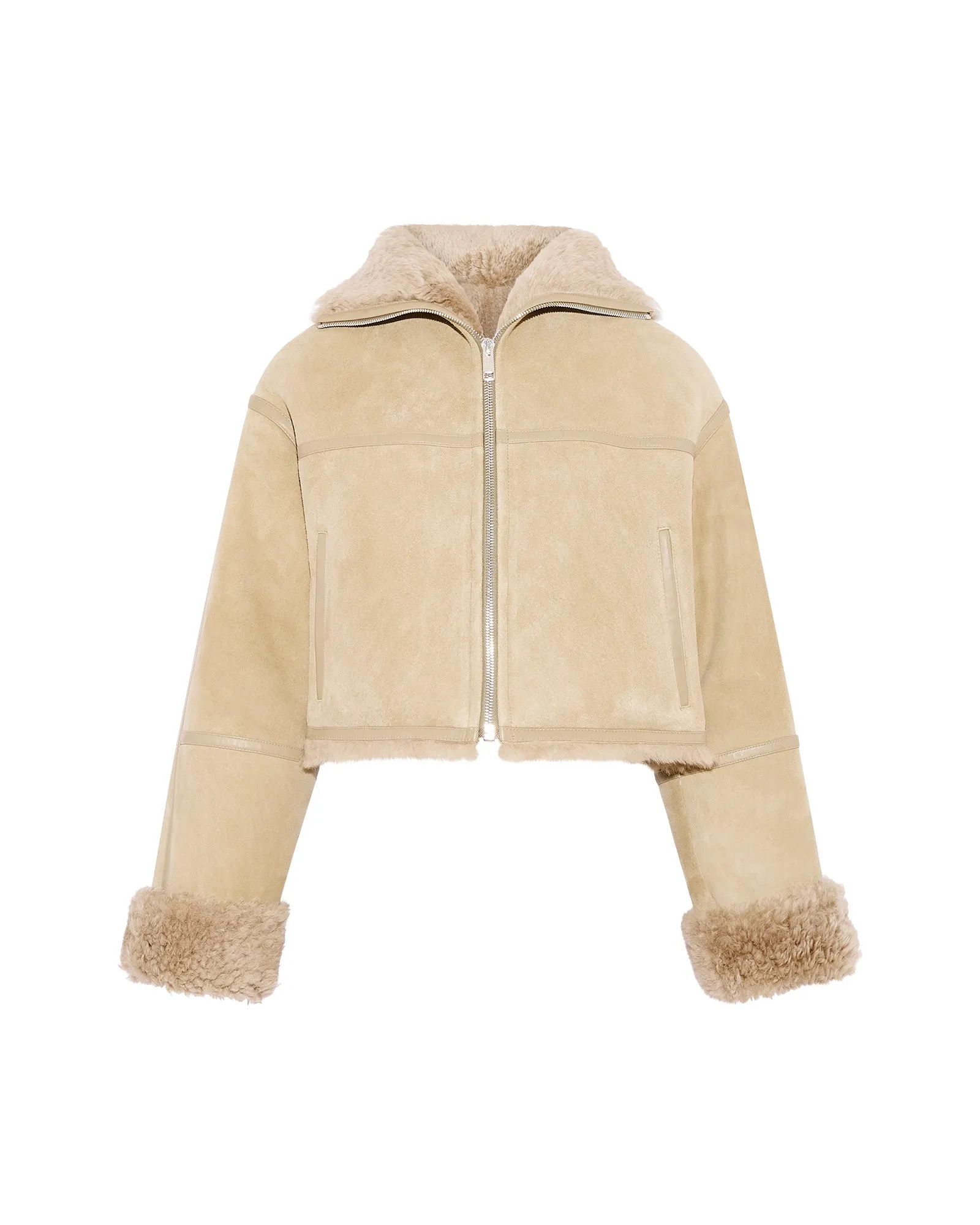 Veste croppée en agneau Mérinos suède sold by Yves Salomon