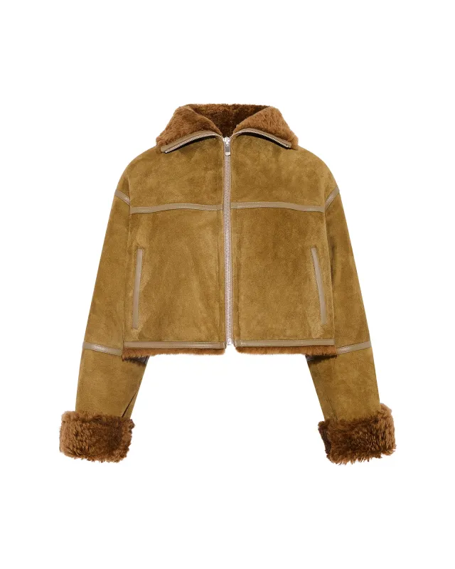 Veste croppée en agneau Mérinos suède sold by Yves Salomon