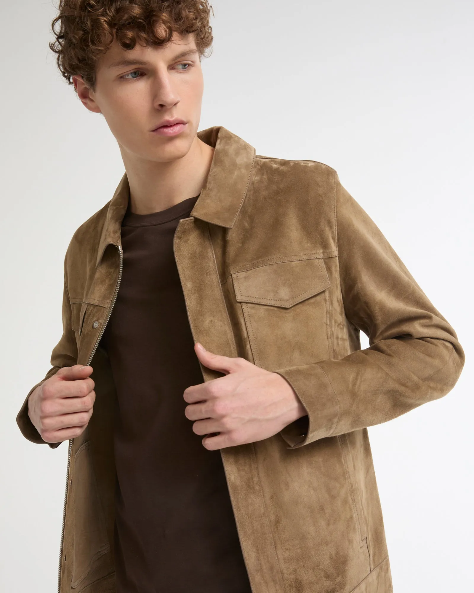 Veste coupe denim en cuir de veau finition suède sold by Yves Salomon