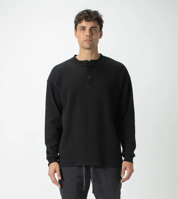 Waffle Henley LS Tee Black sold by Zanerobe