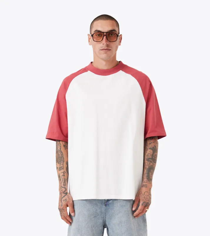 Raglan Lounge Tee Vintage White/Cherry sold by Zanerobe