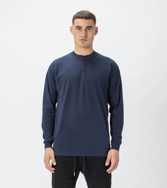 Henley LS Tee Indigo sold by Zanerobe