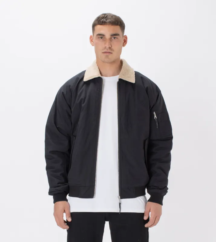 Shearling Militat Bomber Jacket Black sold by Zanerobe