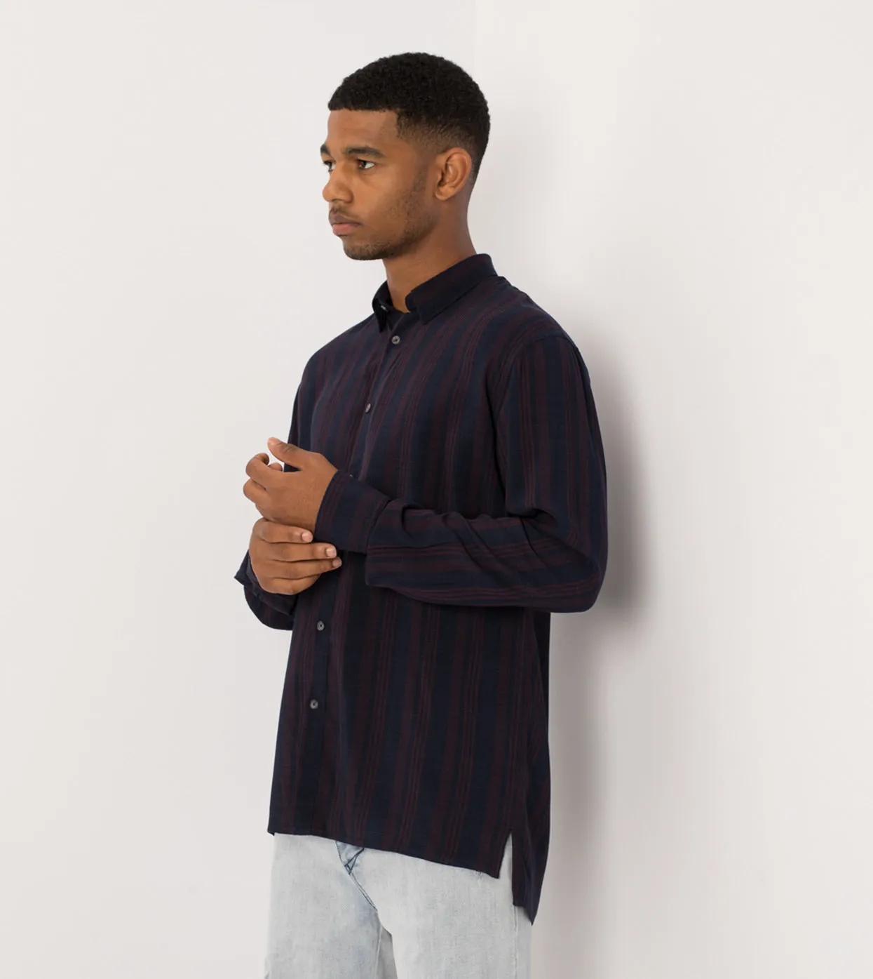 Stripe Rayon LS Shirt Navy/Port - Sale sold by Zanerobe