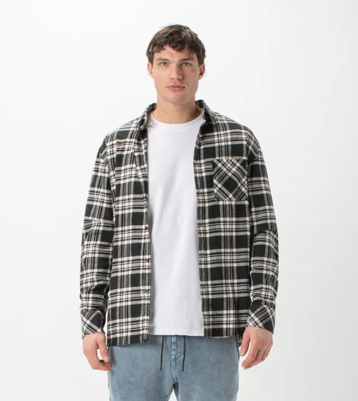 Work Flannel LS Shirt Black/Milk sold by Zanerobe