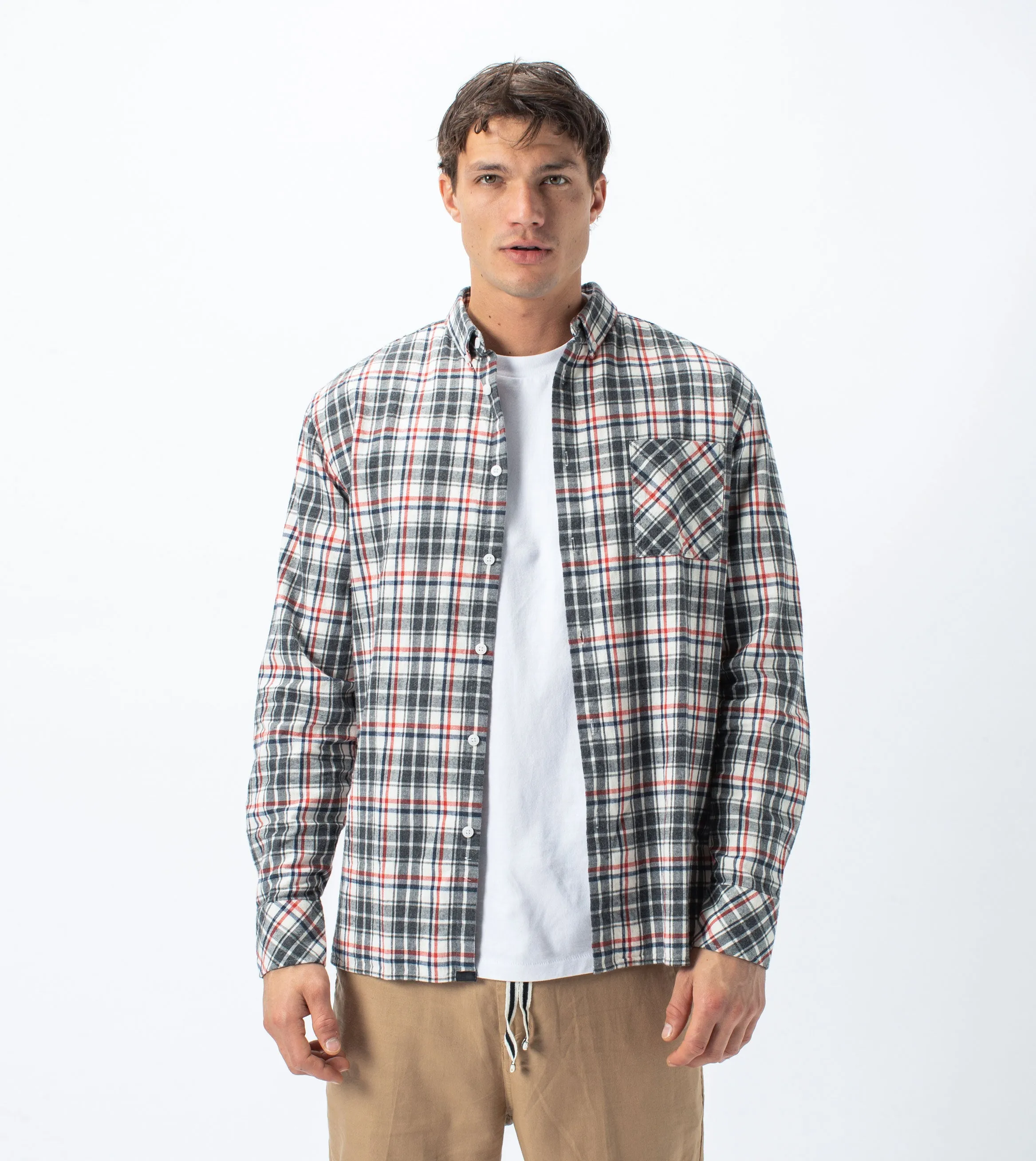 Flannel Lightweight LS Shirt Milk/Grey - Sale sold by Zanerobe