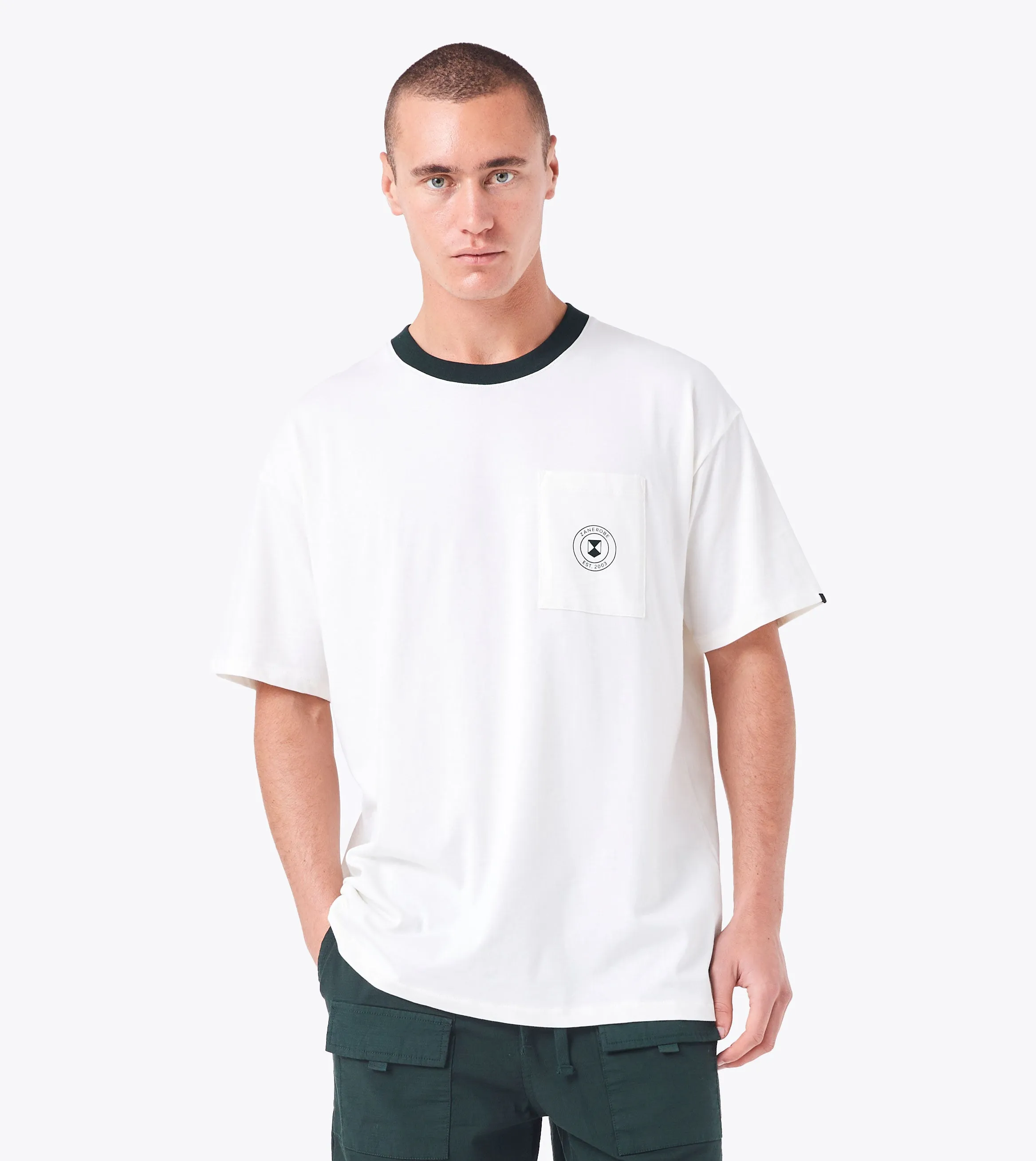 Contrast Emblem Box Tee Vintage White/Forest sold by Zanerobe